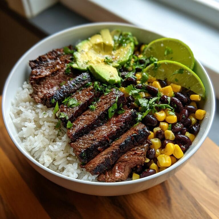 Delicious Koriander-Limetten-Steak-Bowls with rice, avocado, corn, and black beans.
