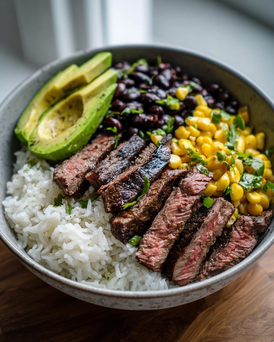 A vibrant Koriander-Limetten-Steak-Bowls with sliced steak, rice, black beans, corn, and avocado.