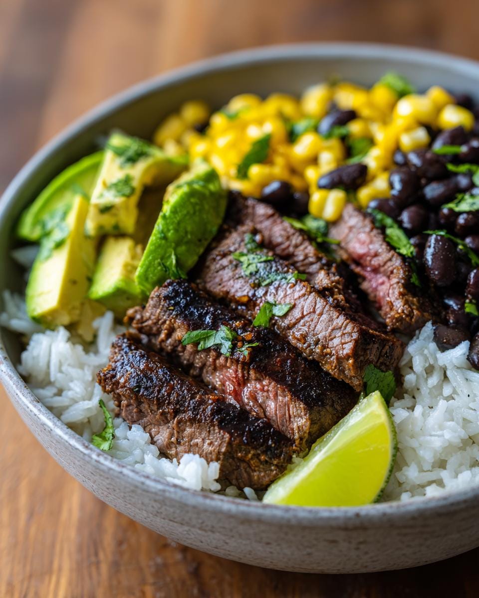 Nahaufnahme einer Koriander-Limetten-Steak-Bowls mit Steak, Reis, Avocado, Mais und schwarzen Bohnen.