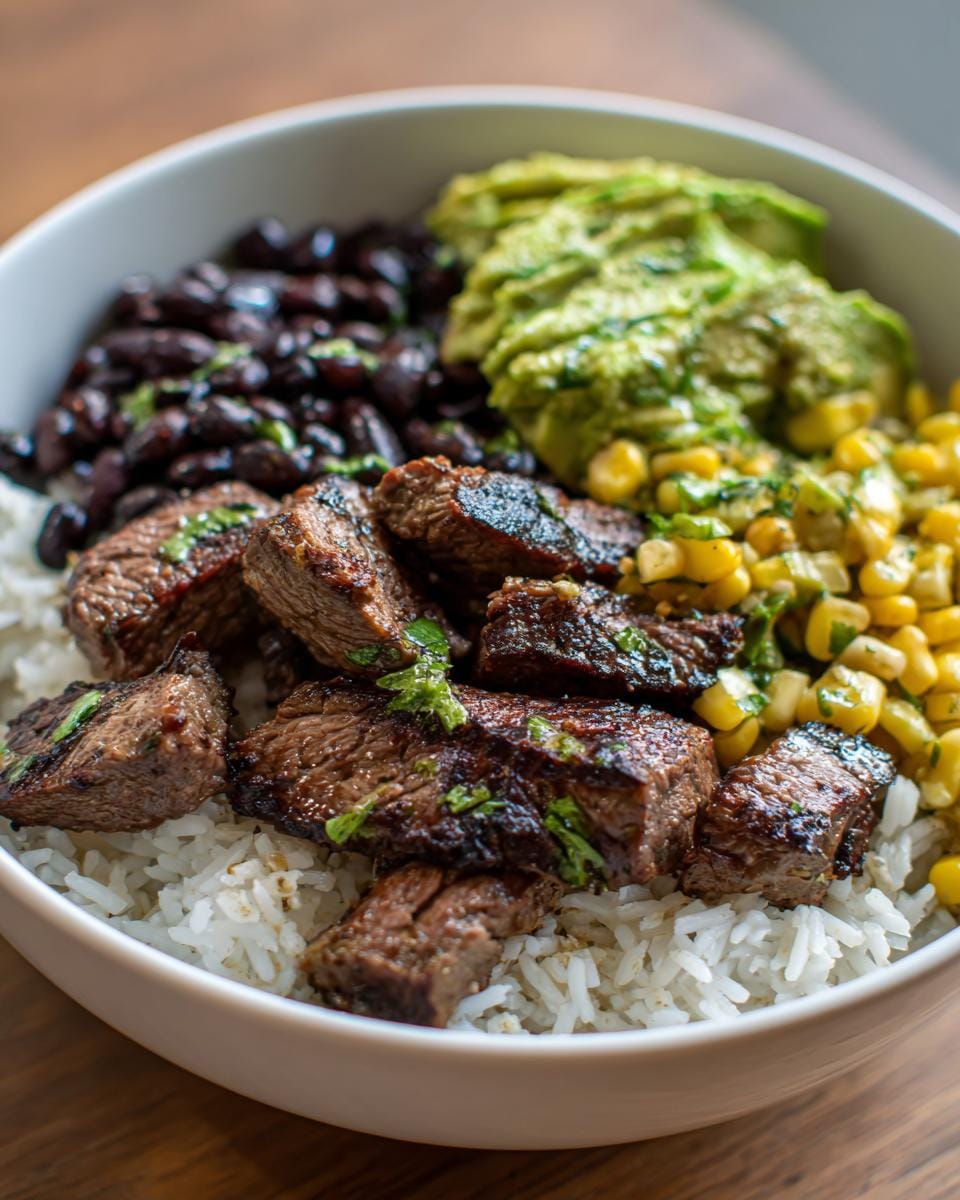 Close-up of a Koriander-Limetten-Steak-Bowls with rice, steak, black beans, corn, and avocado.