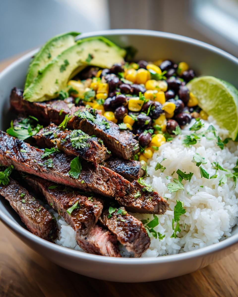 Koriander-Limetten-Steak-Bowls mit Reis, Avocado, Mais, Bohnen und Limette.