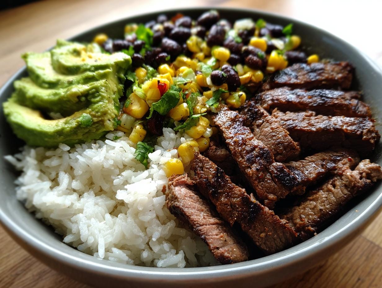 Delicious Koriander-Limetten-Steak-Bowls with rice, avocado, corn salsa, and black beans.