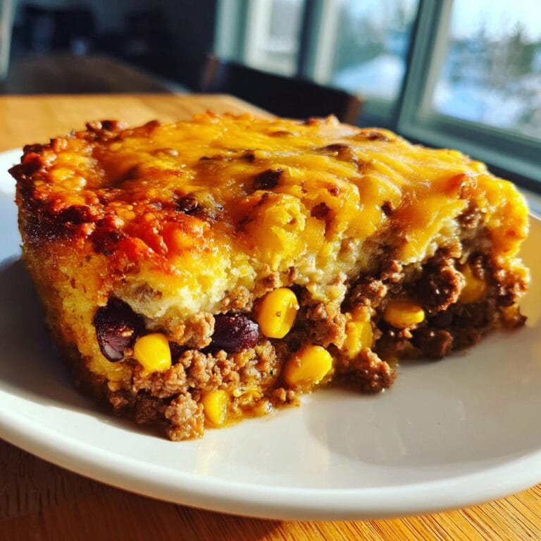 A slice of Kruste-loser Taco-Kuchen featuring layers of meat, corn, beans, and a cheesy topping on a white plate.