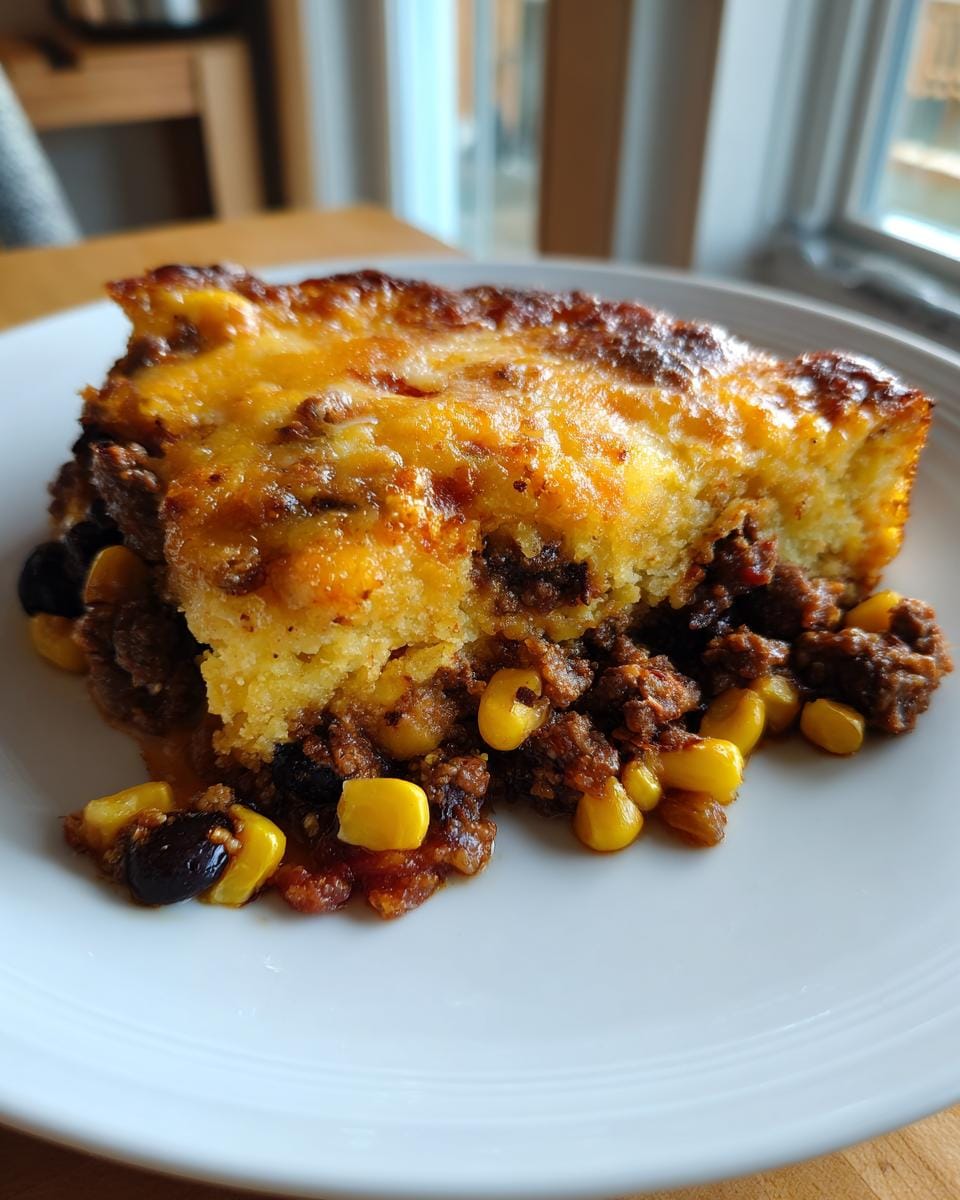 A slice of Kruste-loser Taco-Kuchen on a white plate, showcasing the layers of corn, beans, meat, and cheesy topping.