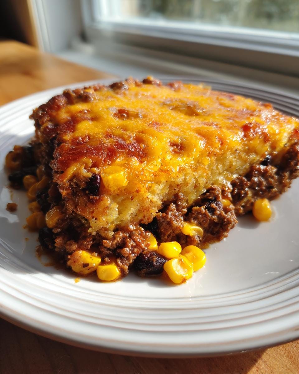 A slice of Kruste-loser Taco-Kuchen with corn and a cheesy topping, served on a white plate.