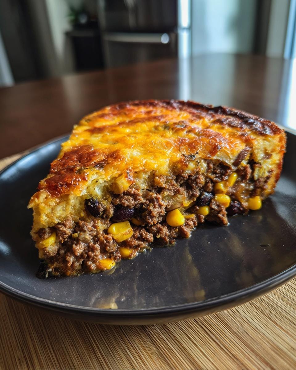 A slice of crustless Taco-Kuchen featuring layers of meat, corn, beans, and a cheesy topping.