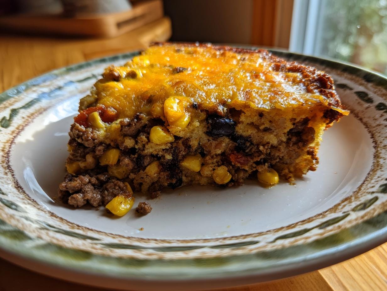 A slice of Kruste-loser Taco-Kuchen featuring layers of ground beef, corn, and melted cheese on a decorative plate.