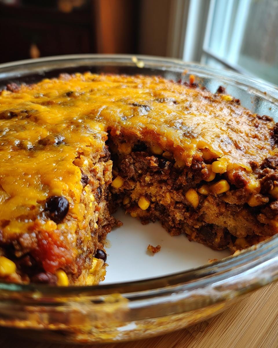 A close-up of Kruste-loser Taco-Kuchen in a glass dish, showing layers of filling and melted cheese.