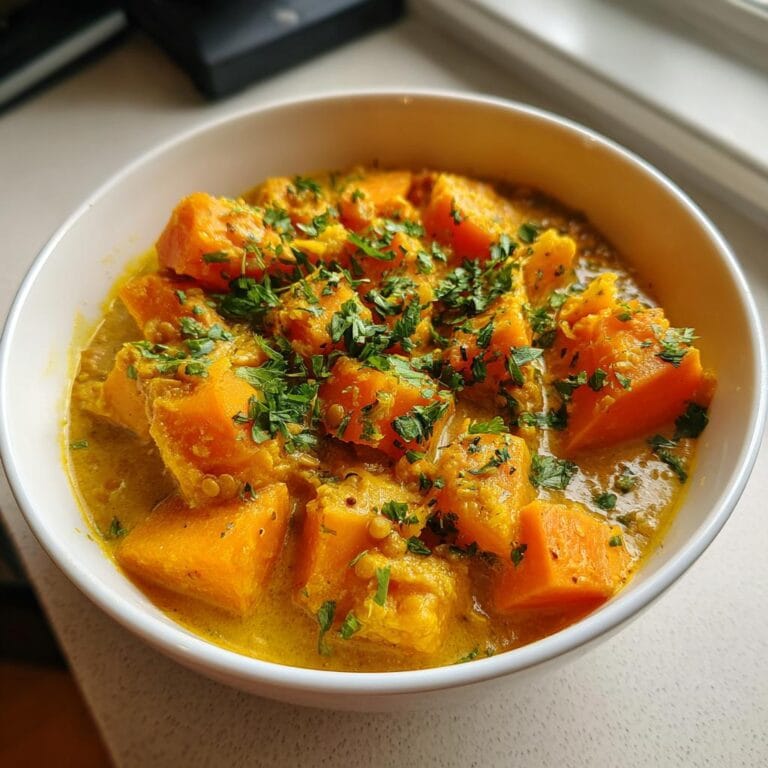 A bowl of Kürbis-Linsen-Kokos-Curry, garnished with fresh herbs, ready to eat.