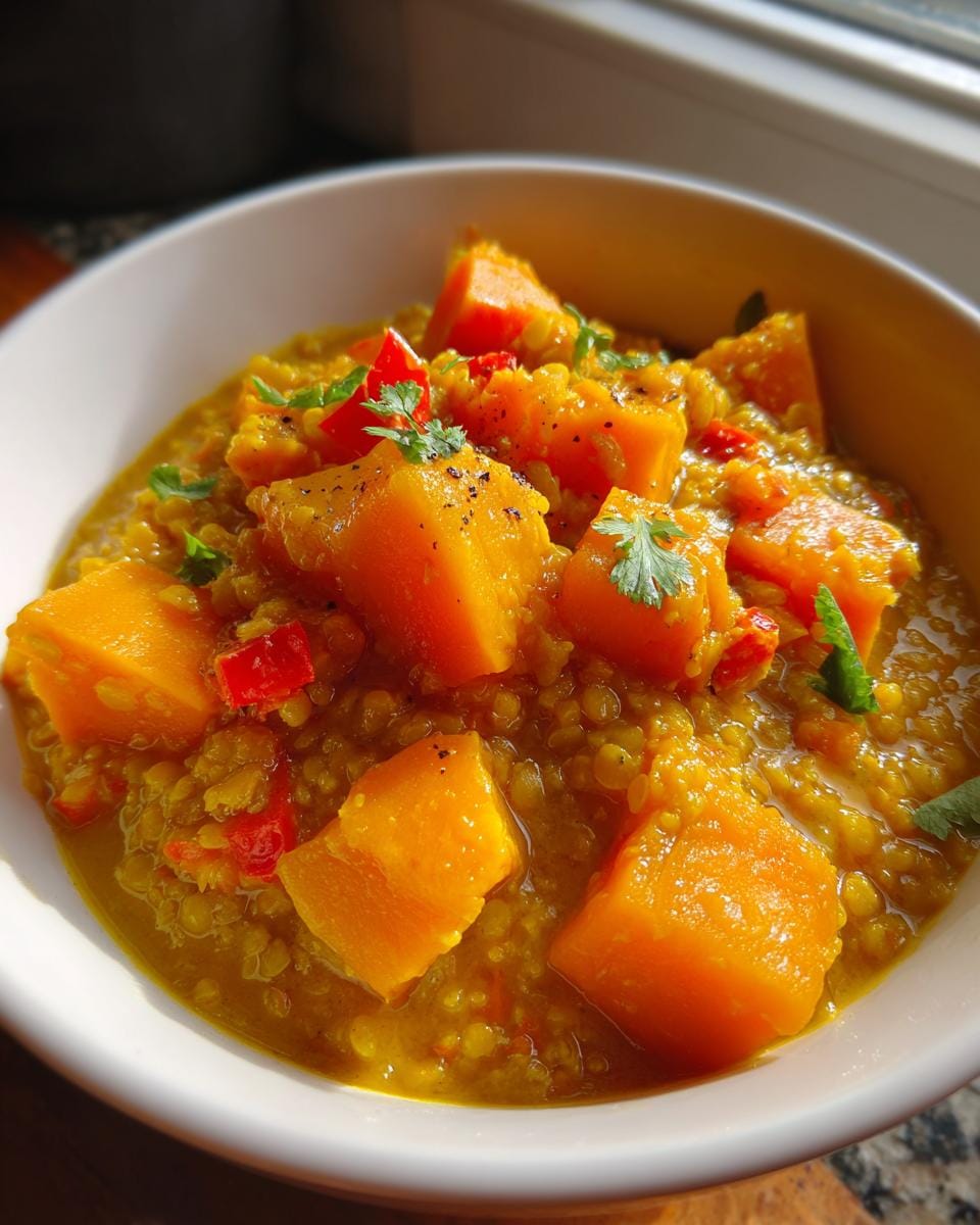 Close-up of Kürbis-Linsen-Kokos-Curry in a white bowl, garnished with herbs and red pepper.