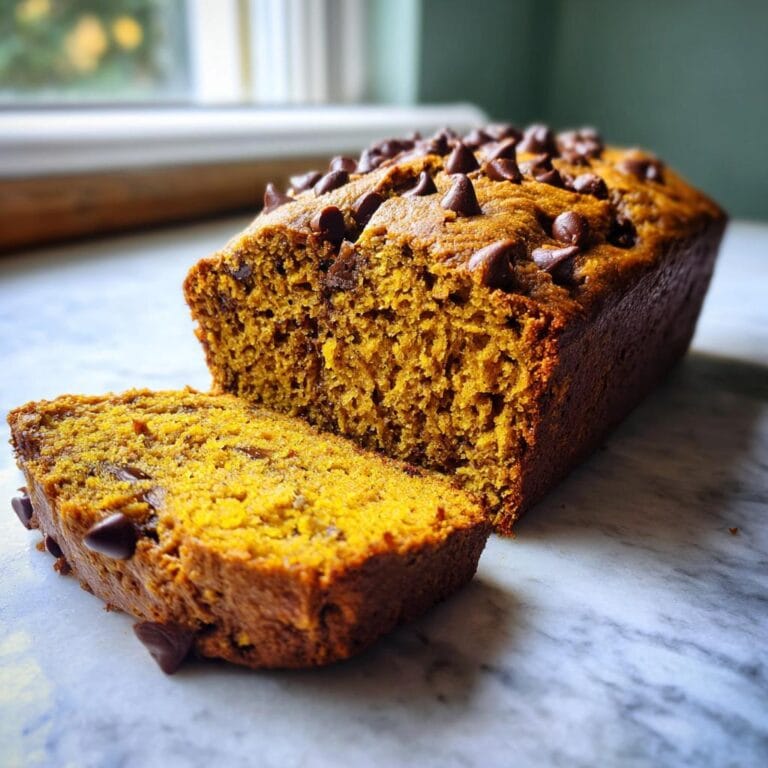 Nahaufnahme von Kürbisbrot mit Schokoladenstückchen, mit einer Scheibe abgeschnitten.