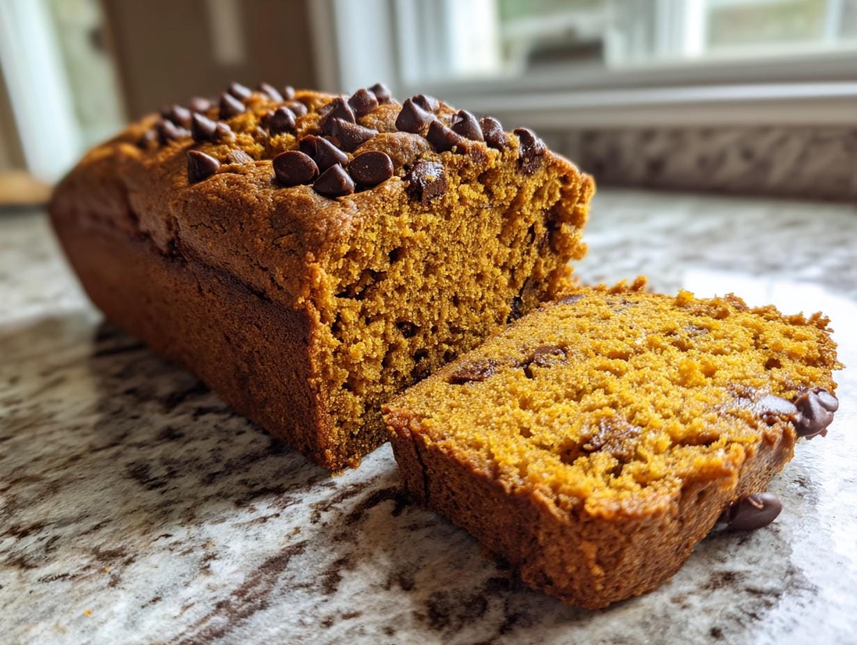 Nahaufnahme von Kürbisbrot mit Schokoladenstückchen, mit einem angeschnittenen Stück.
