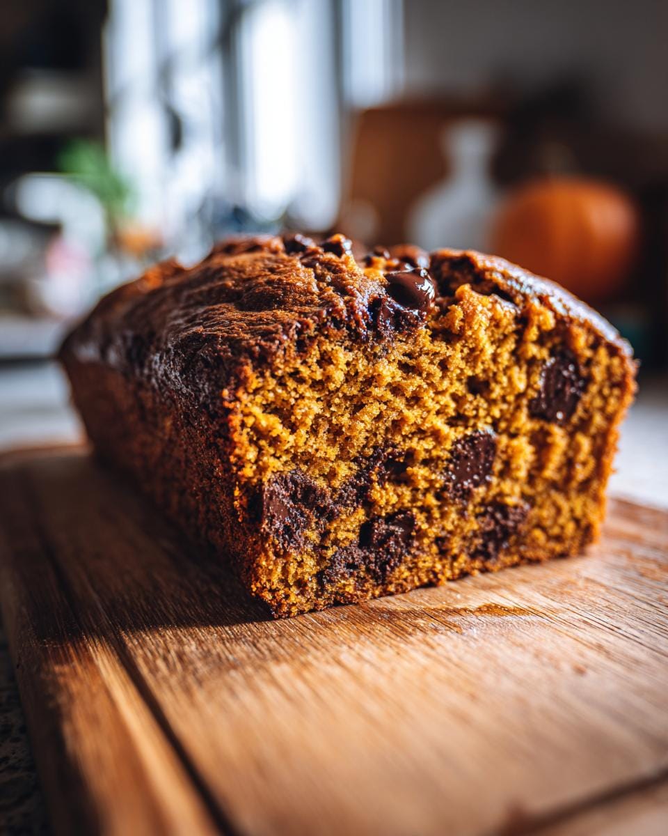 Nahaufnahme von Kürbisbrot mit Schokoladenstückchen auf einem Holzbrett.