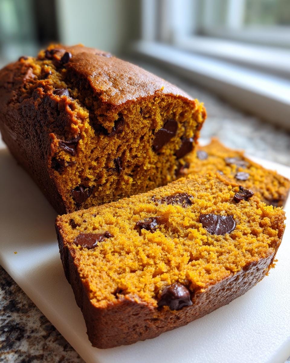 Close-up of sliced Kürbisbrot mit Schokoladenstückchen (pumpkin bread with chocolate chips).