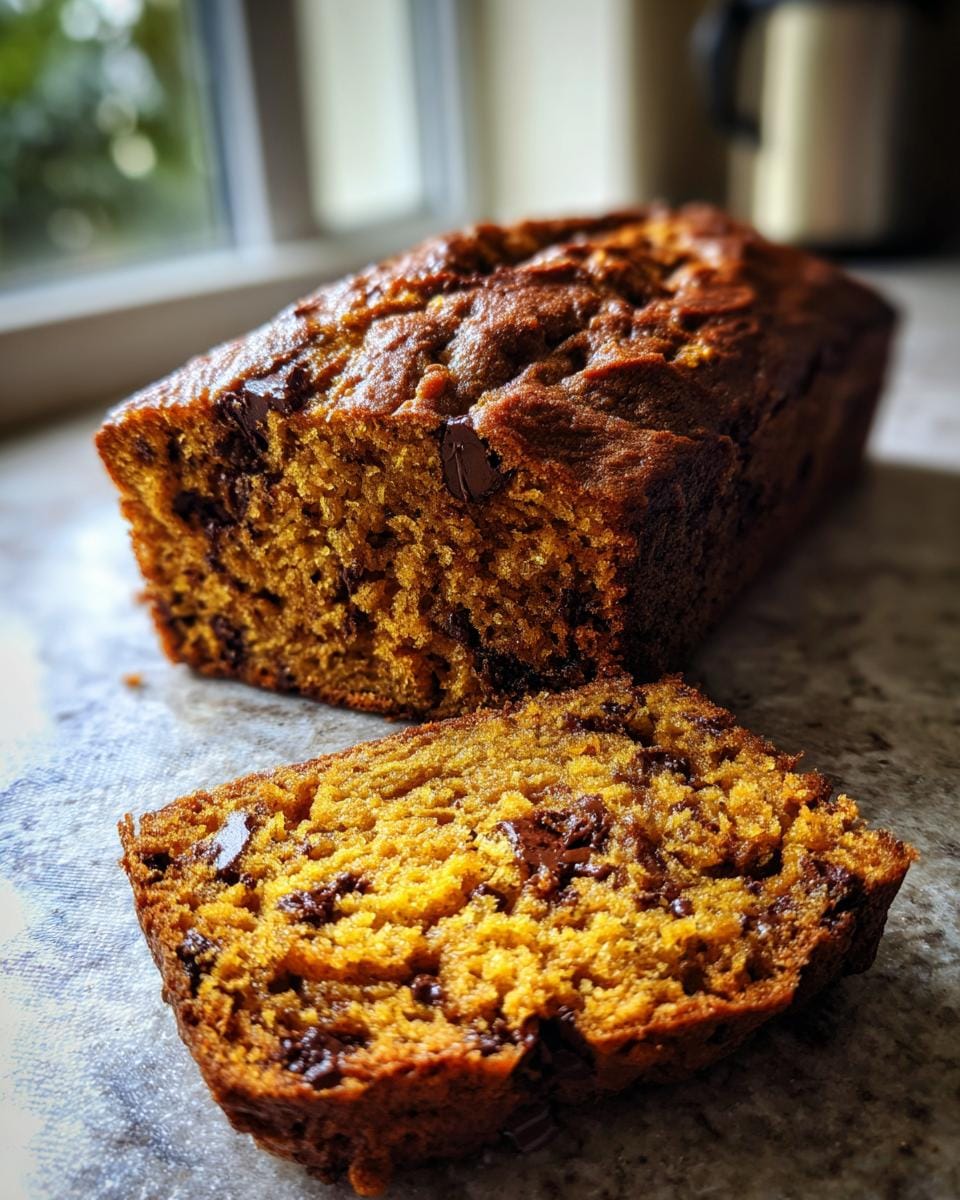 A slice of Kürbisbrot mit Schokoladenstückchen (pumpkin bread with chocolate chips) next to the loaf.