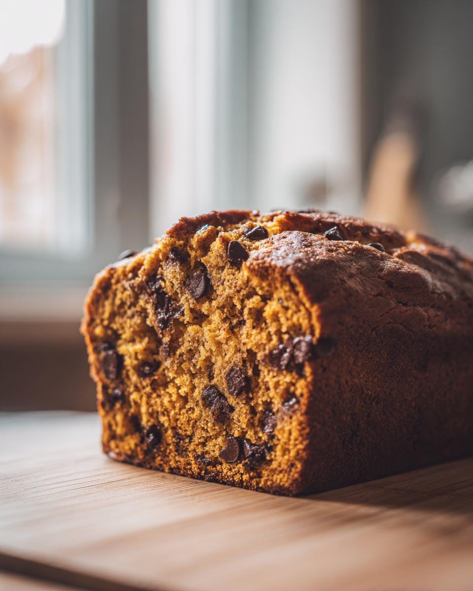 Close-up of Kürbisbrot mit Schokoladenstückchen (pumpkin bread with chocolate chips) on a wooden board.