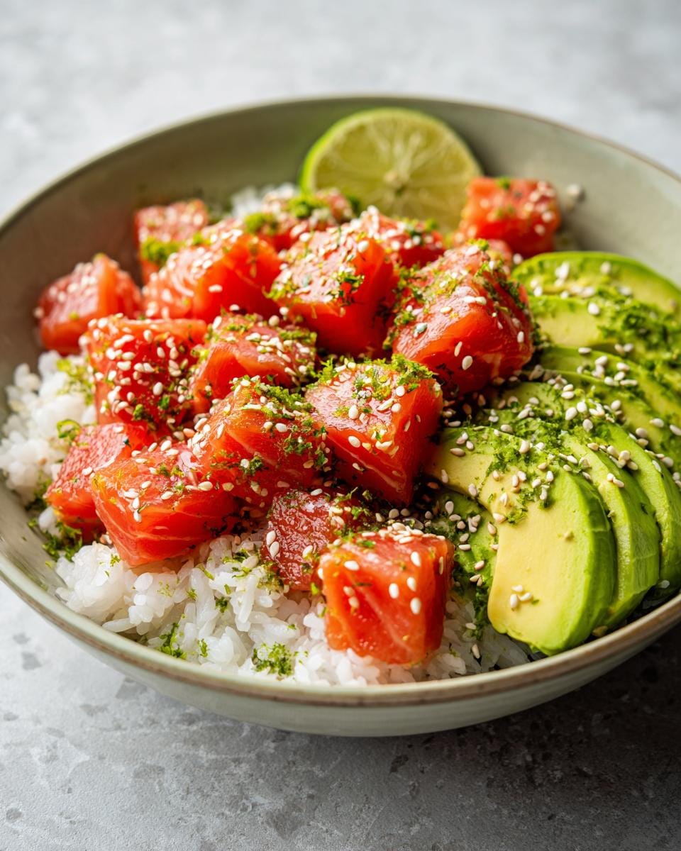 Close-up of a Lachs-Avocado-Bowl mit Sesam, featuring salmon, avocado, rice, and sesame seeds.