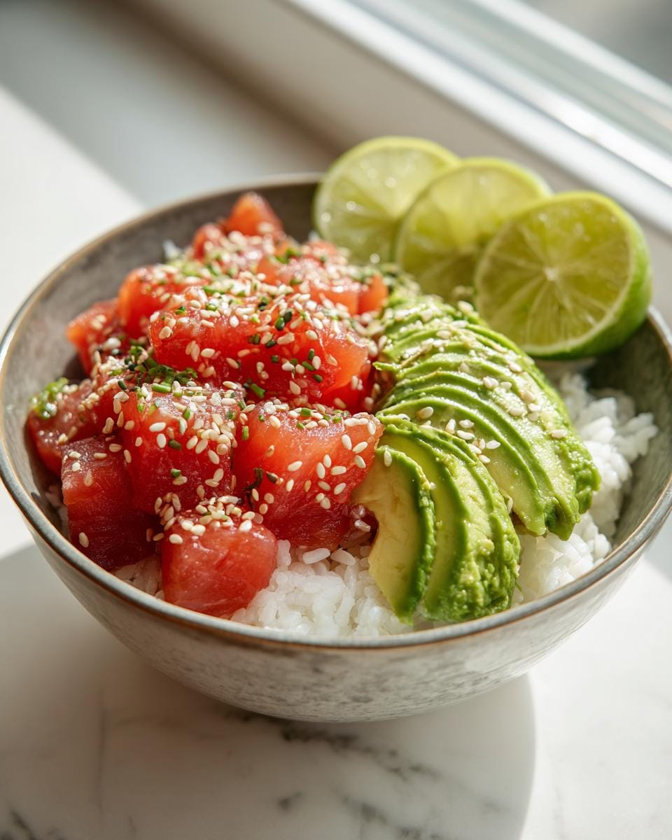 Close-up of a Lachs-Avocado-Bowl mit Sesam, featuring salmon, avocado, rice, and lime.