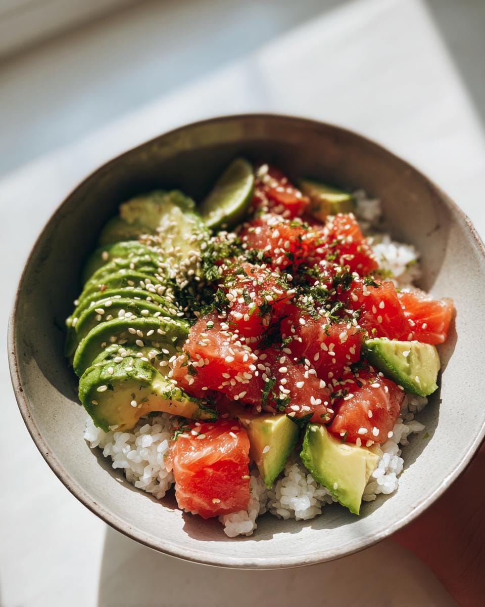 Close-up of a Lachs-Avocado-Bowl mit Sesam, featuring salmon, avocado, rice, and sesame seeds.