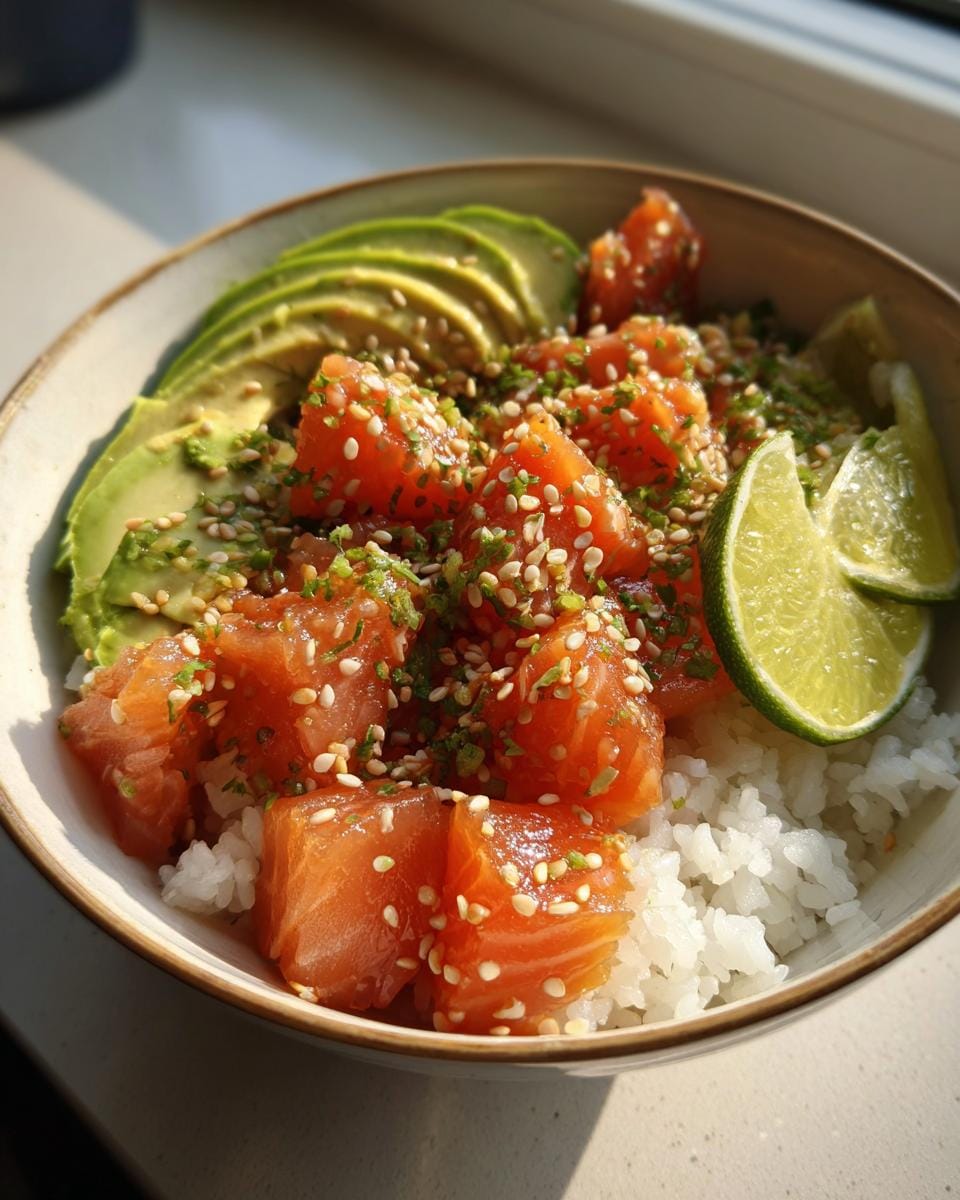 Close-up of a Lachs-Avocado-Bowl mit Sesam, featuring salmon, avocado, rice, lime, and sesame seeds.