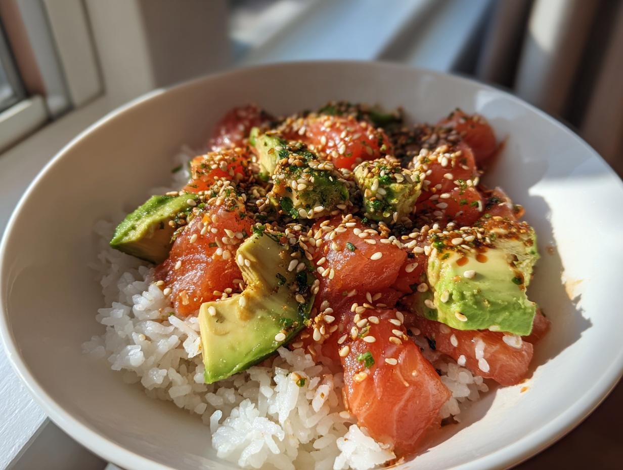 Close-up of a Lachs-Avocado-Bowl mit Sesam, featuring salmon, avocado, rice, and sesame seeds.
