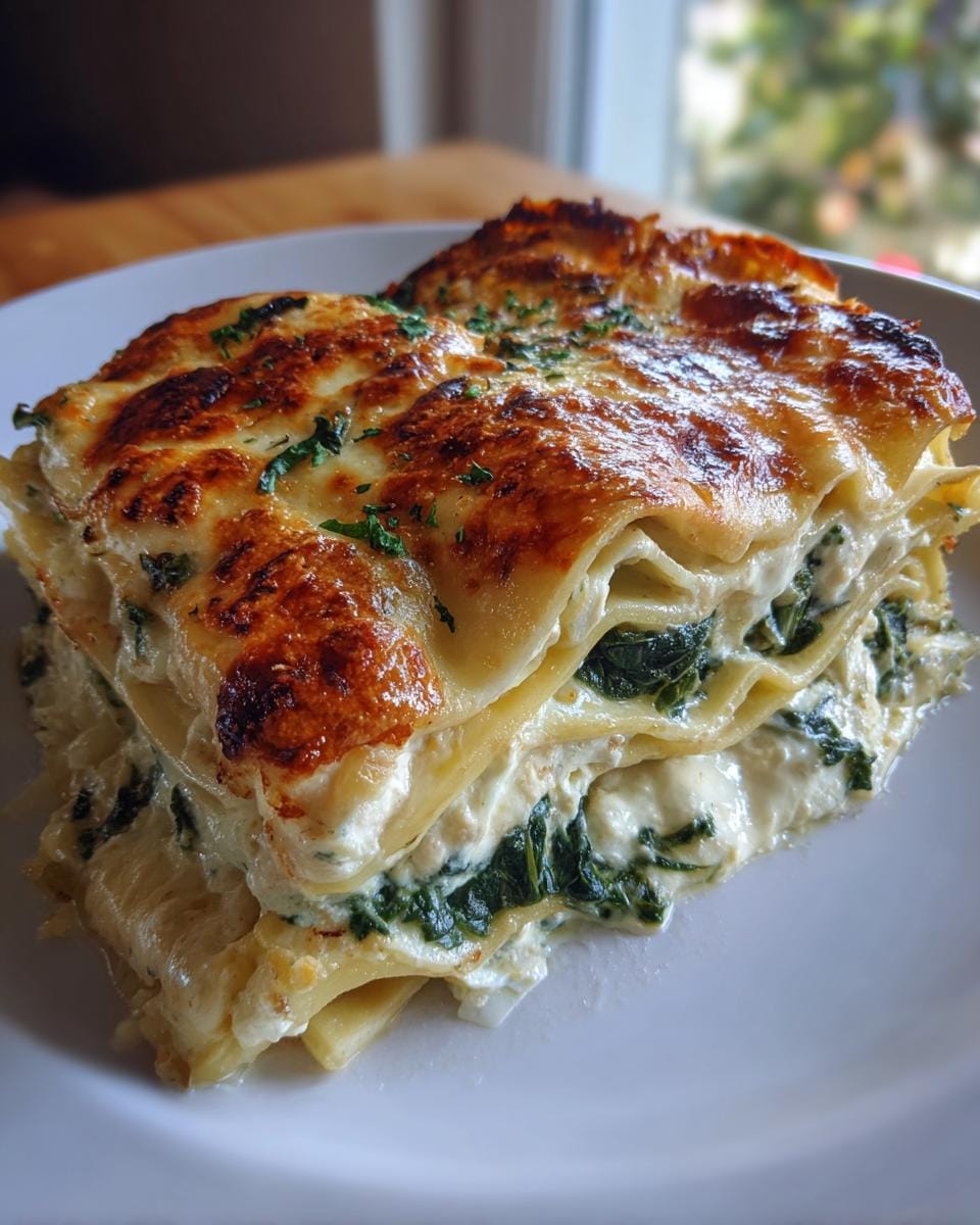 Nahaufnahme einer Portion Lasagne mit Spinat und Ricotta auf einem Teller.