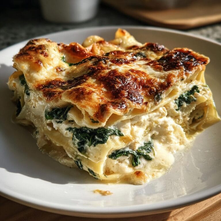 A delicious slice of Lasagne mit Spinat und Ricotta on a white plate, showing layers of pasta, spinach, and cheese.