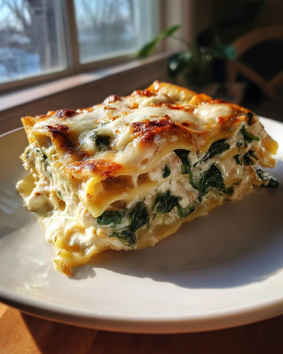 A slice of Lasagne mit Spinat und Ricotta with visible layers of pasta, spinach, ricotta, and melted cheese.