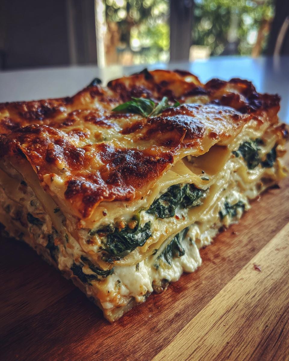 A delicious slice of Lasagne mit Spinat und Ricotta, showcasing layers of pasta, spinach, and ricotta cheese.