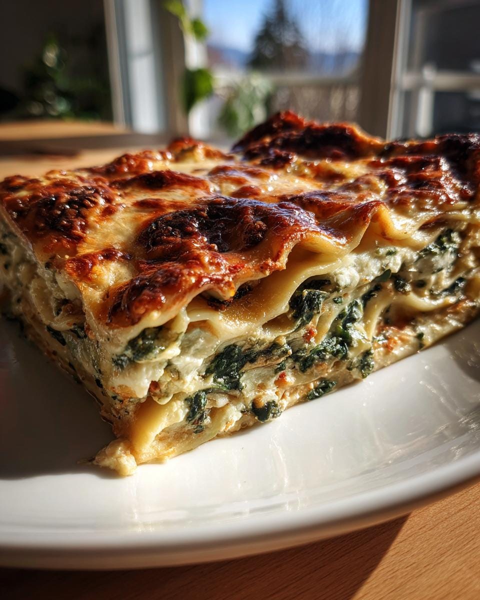 A delicious slice of Lasagne mit Spinat und Ricotta, showcasing the layers of pasta, spinach, and cheese.