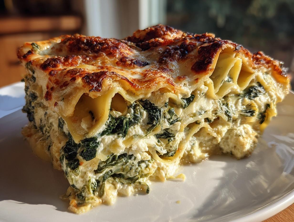 A delicious slice of Lasagne mit Spinat und Ricotta, showcasing the layers of pasta, spinach, and ricotta cheese.