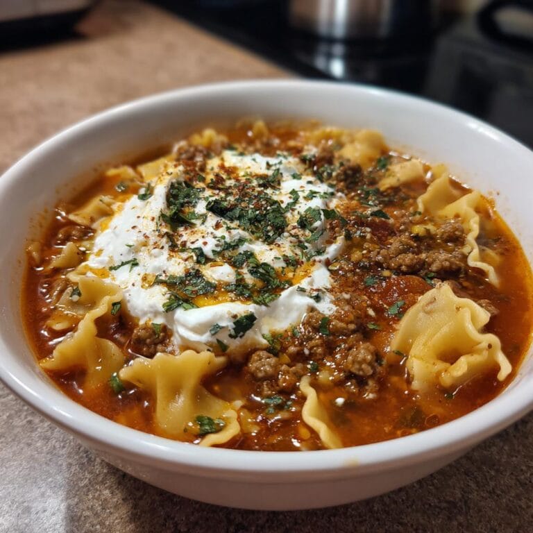 A bowl of Lasagnesuppe topped with ricotta cheese and herbs, showcasing the pasta and meat sauce.