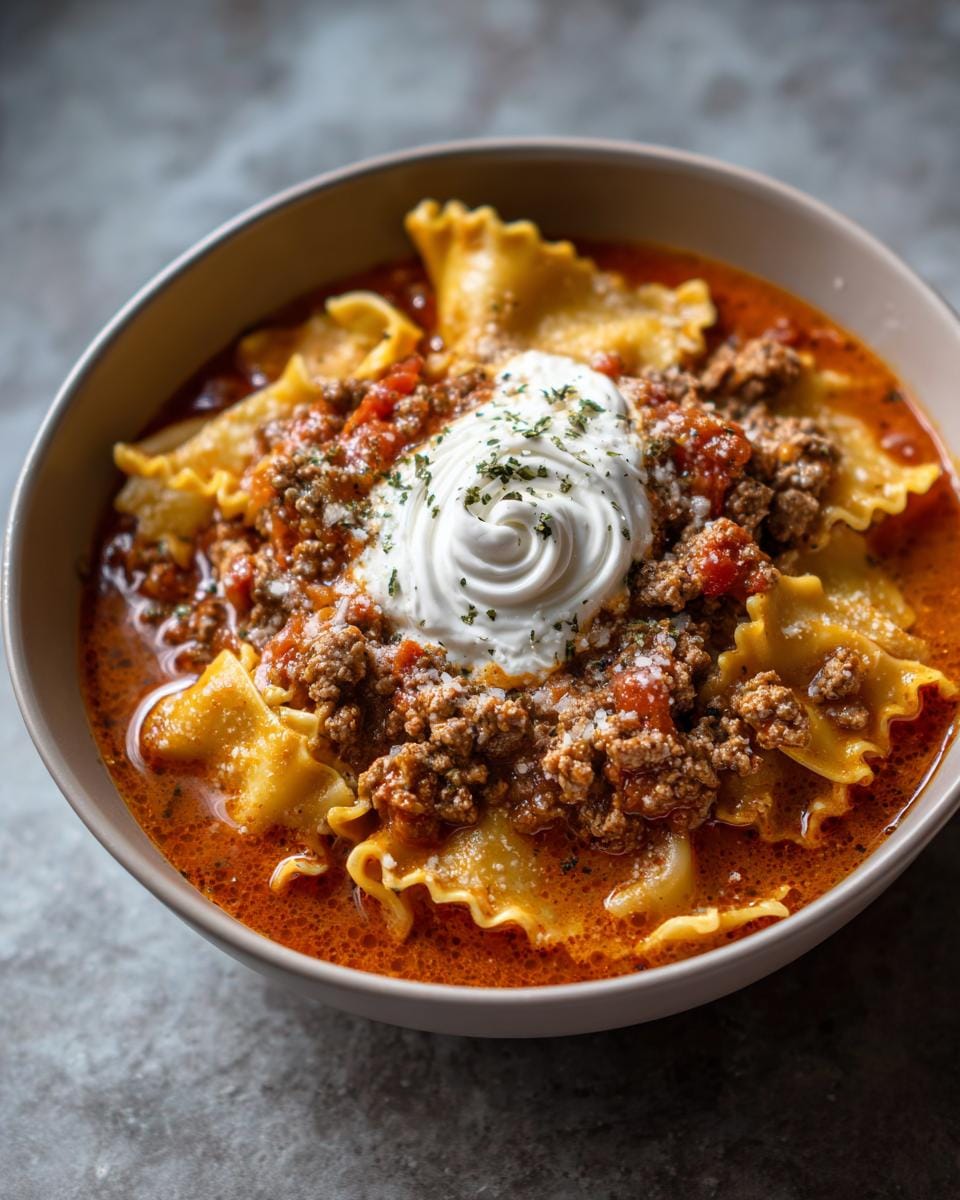 A bowl of Lasagnesuppe, a hearty soup with lasagna noodles, meat sauce, and a swirl of cream on top.