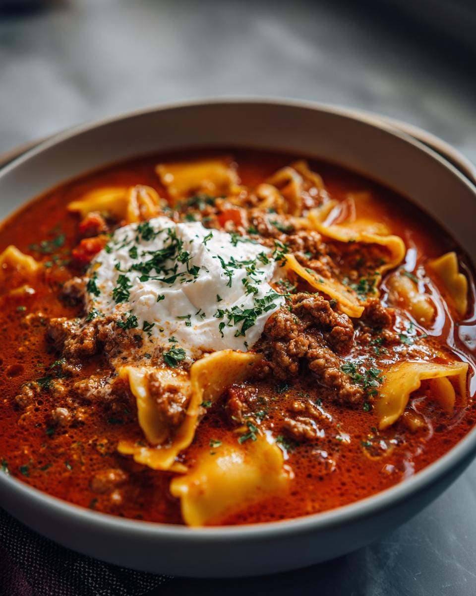 A bowl of Lasagnesuppe, topped with a dollop of cream and fresh parsley.