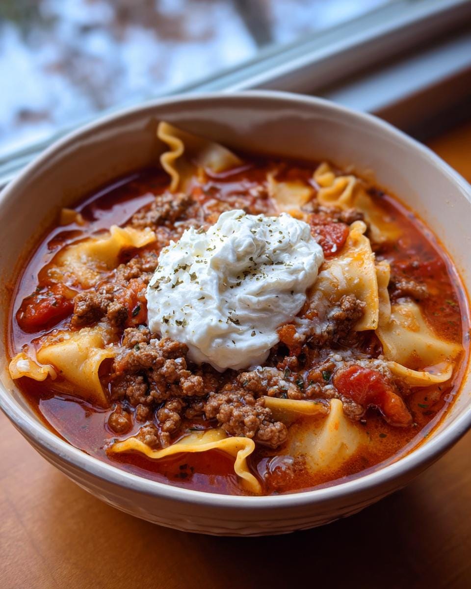 Bowl of Lasagnesuppe, a German lasagna soup, topped with ricotta cheese and herbs.