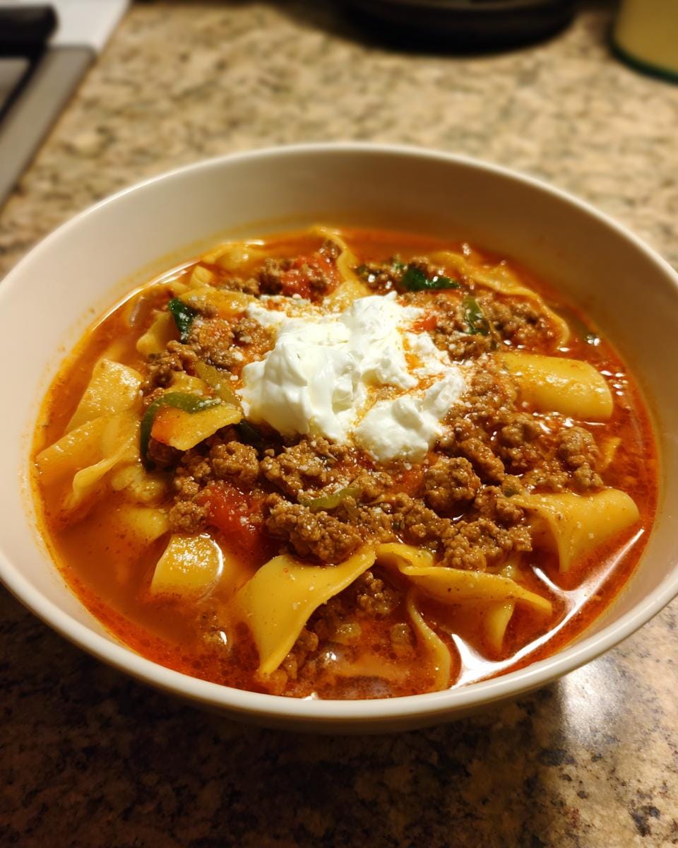 A bowl of Lasagnesuppe, a German lasagna soup, topped with ground meat and a dollop of cream.