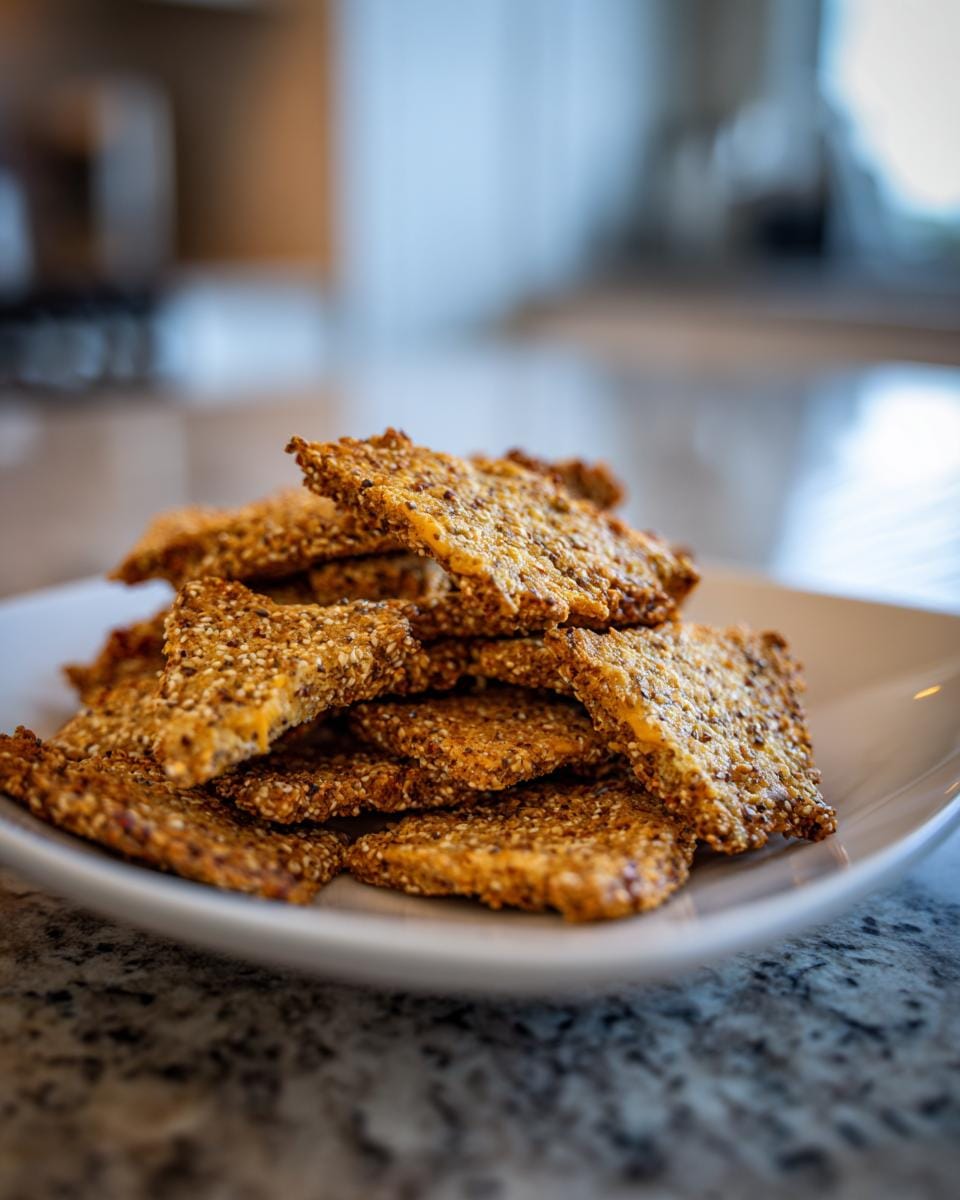 A pile of homemade Leinsamen-Cracker mit Käse (flaxseed crackers with cheese) on a white plate.