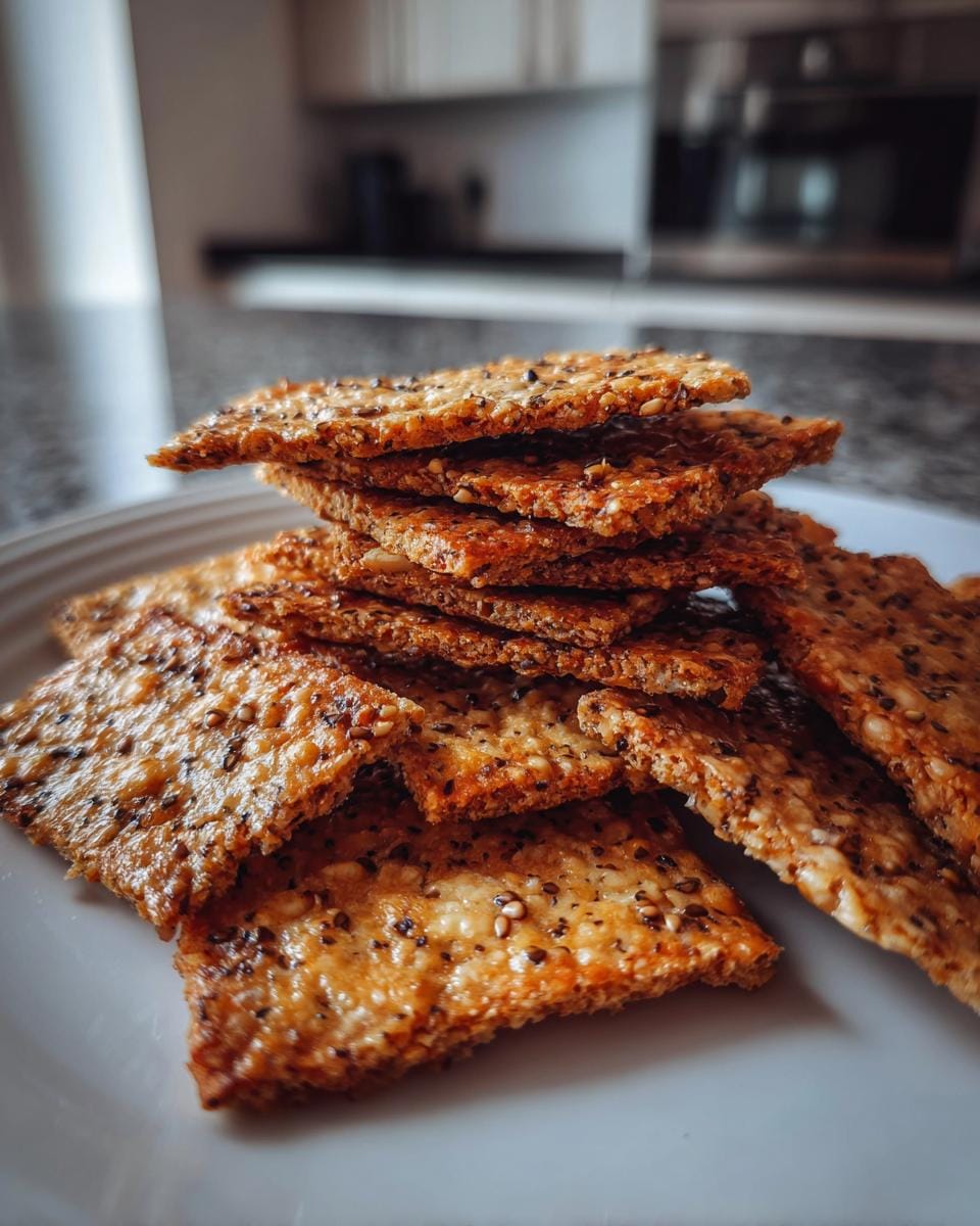 Stacked Leinsamen-Cracker mit Käse on a white plate, showing texture and golden-brown color.