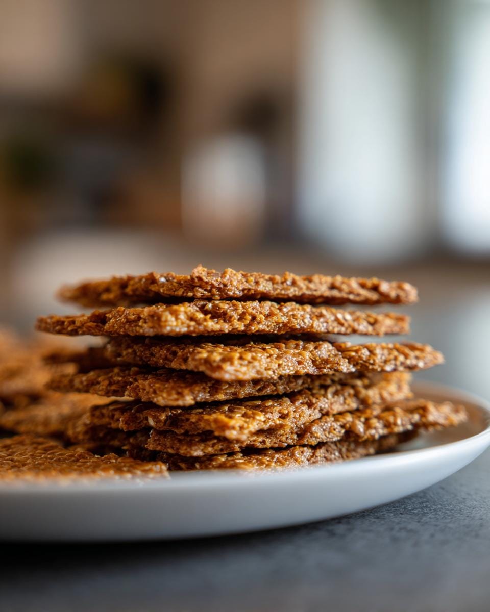 A stack of homemade Leinsamen-Cracker mit Käse on a white plate, showcasing their texture and golden-brown color.