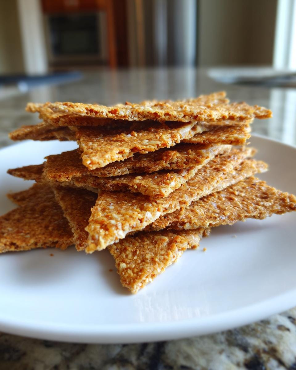 Stack of homemade Leinsamen-Cracker mit Käse on a white plate, showcasing their crispy texture.