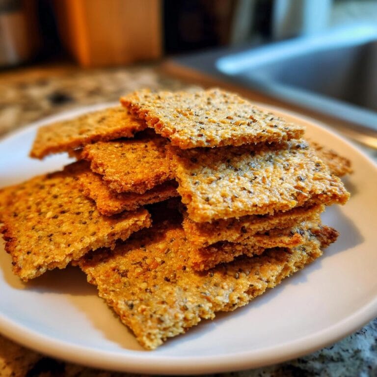 Stapel von Leinsamen-Cracker mit Käse auf einem weißen Teller, bereit zum Genießen.