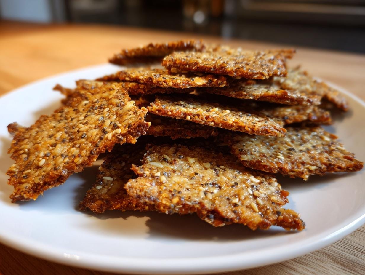 Nahaufnahme von Leinsamen-Cracker mit Käse auf einem weißen Teller, gestapelt.