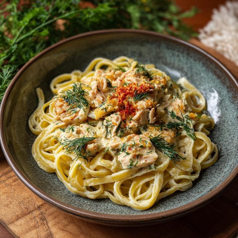 Linguine mit Seelachs und Kräuter-Sahne in a bowl, garnished with dill and red pepper flakes.