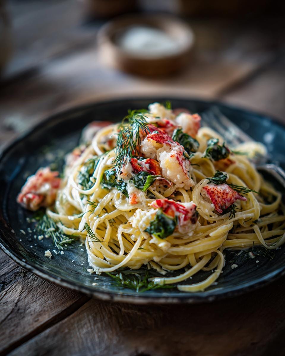 Close-up of Linguine mit Seelachs und Kräuter-Sahne, featuring creamy sauce, pollock, and fresh dill.