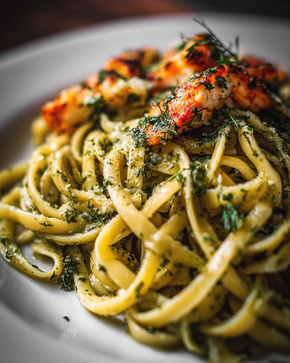 Close-up of Linguine mit Seelachs und Kräuter-Sahne, showcasing the pasta, fish, and creamy herb sauce.