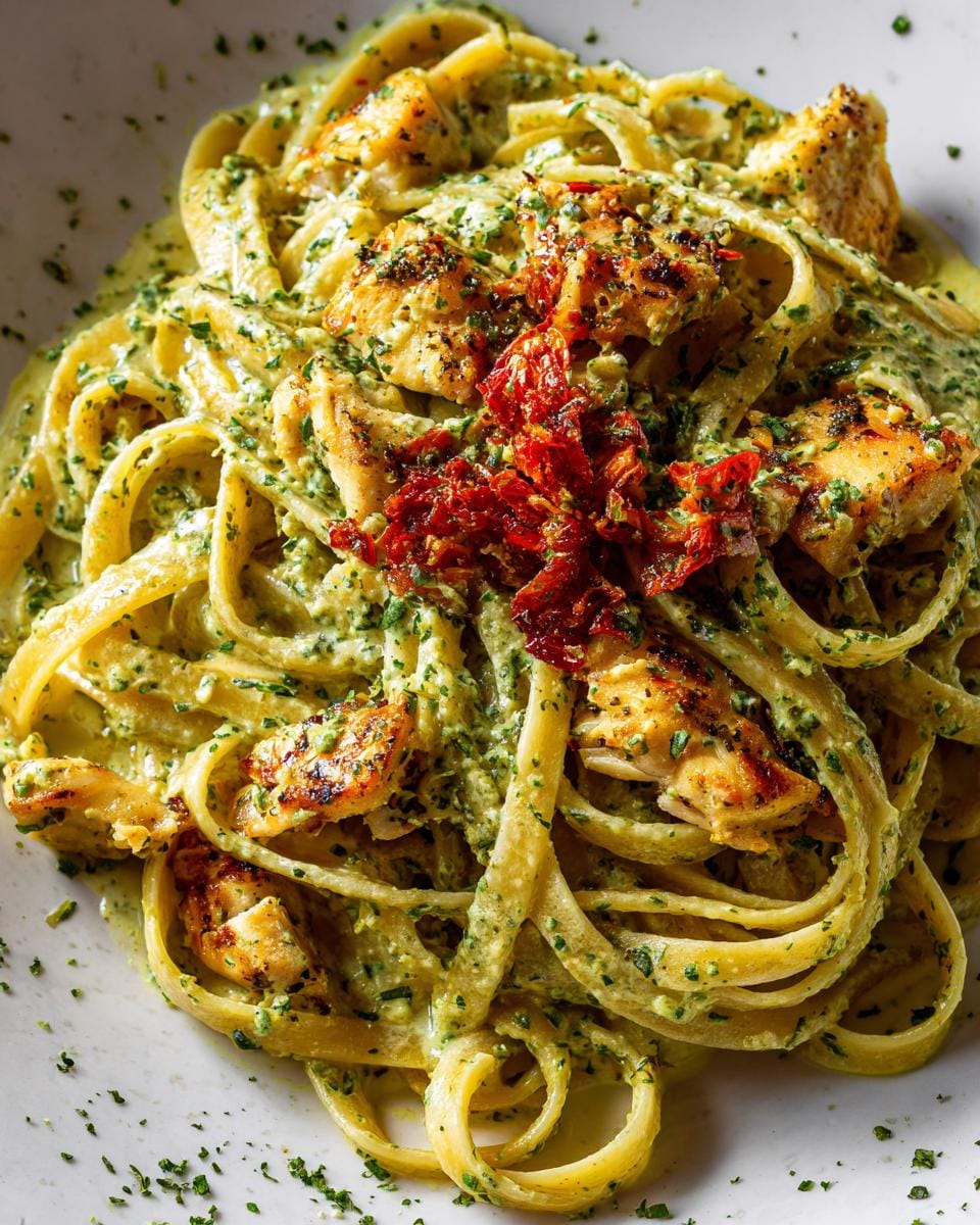 Close-up of Linguine mit Seelachs und Kräuter-Sahne, featuring pasta, fish, herb cream sauce, and sun-dried tomatoes.