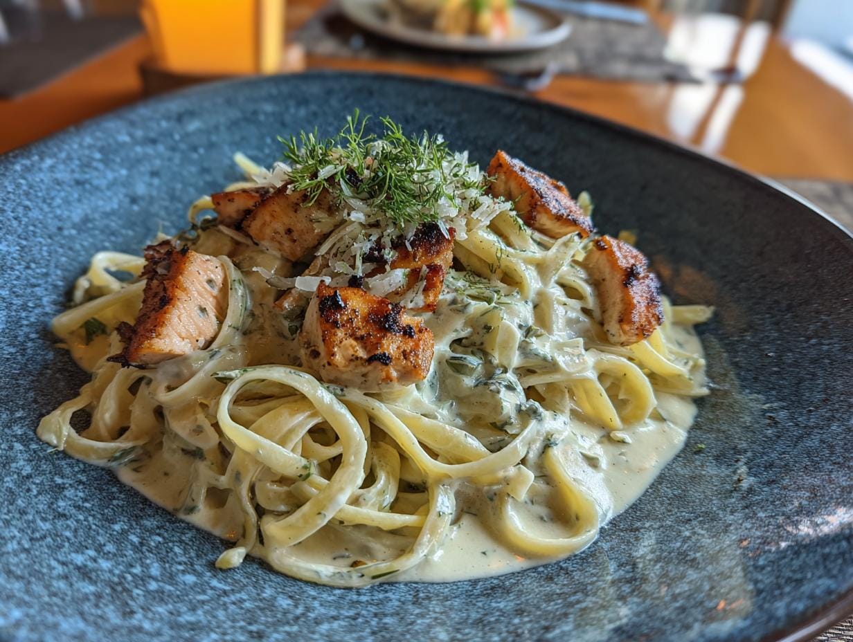 Close-up of Linguine mit Seelachs und Kräuter-Sahne, featuring pasta, seelachs (pollock), creamy sauce, and herbs.