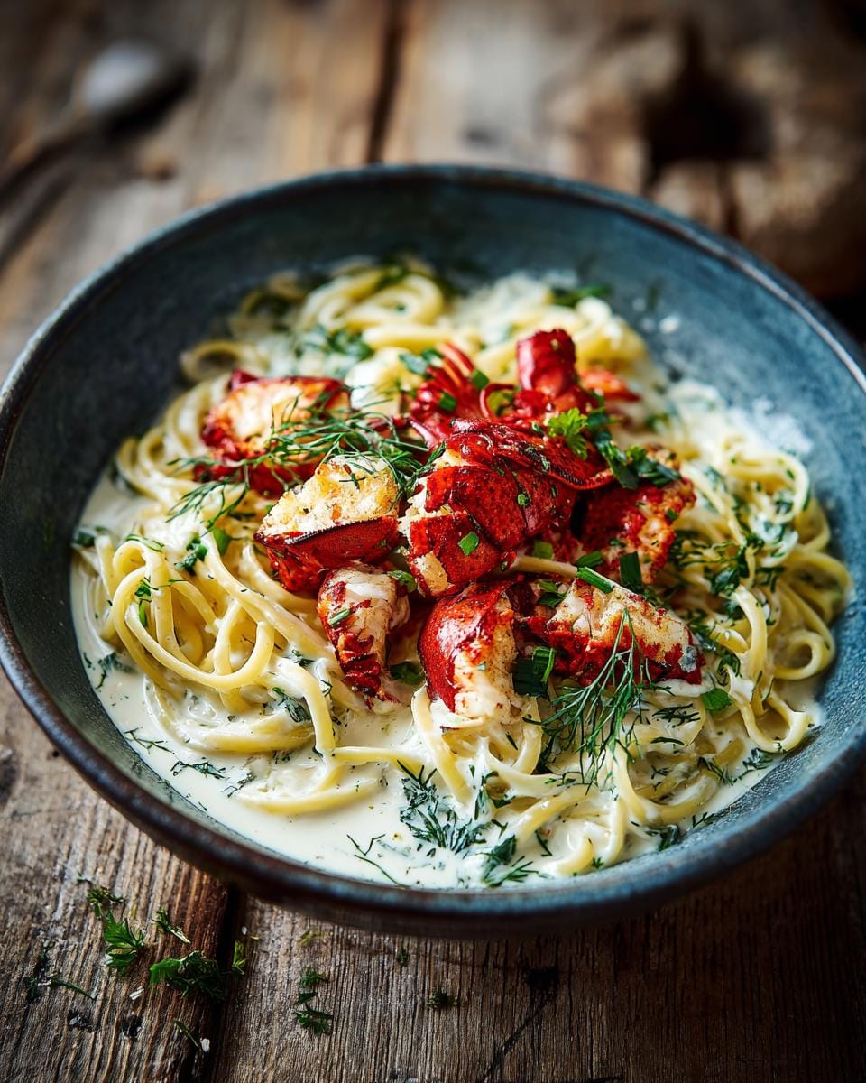 A bowl of Linguine mit Seelachs und Kräuter-Sahne, featuring pasta, creamy sauce, herbs, and lobster.