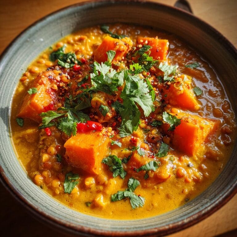Bowl of Linsen-Kokos-Curry mit Kürbis, garnished with cilantro and chili flakes.