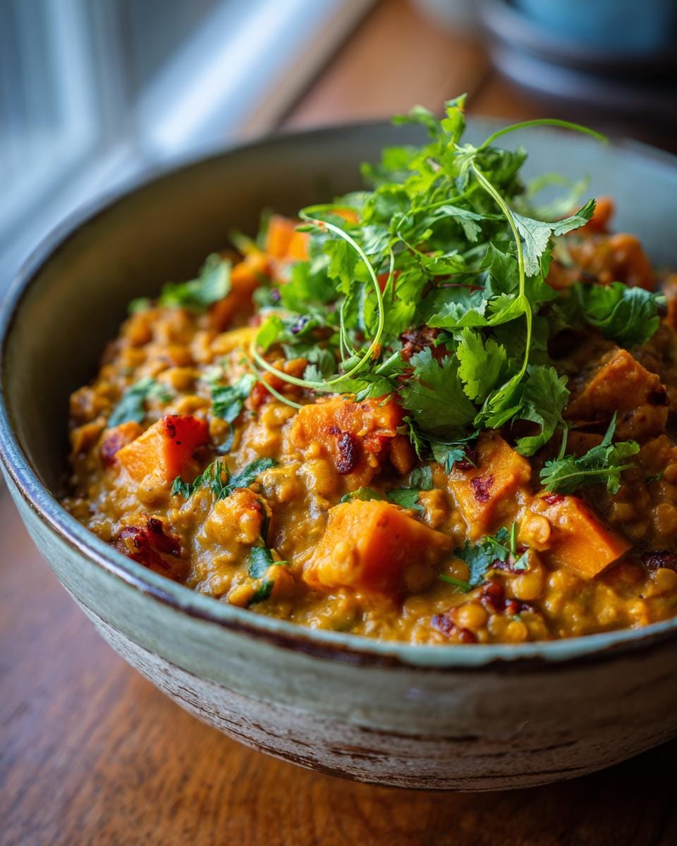 Bowl of Linsen-Kokos-Curry mit Kürbis, garnished with fresh cilantro, on a wooden table.